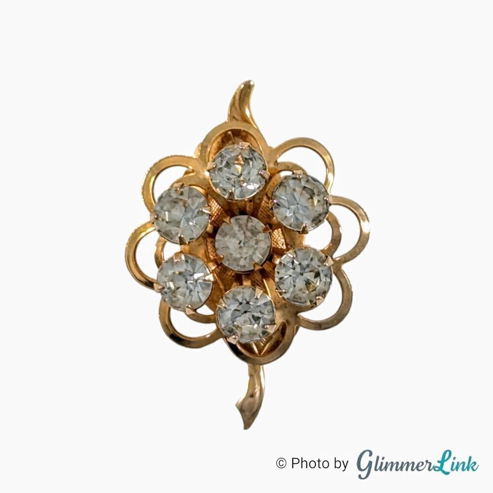 Vintage Flower Leaf Layered Clear Rhinestones Gold Tone Brooch Pin